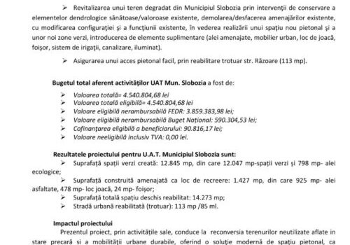 ANUNȚ DE PRESĂ – “Regenerarea spațiului urban zona “Orășelul copiilor” din Municipiul Slobozia”