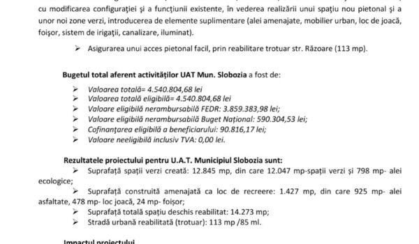 ANUNȚ DE PRESĂ – “Regenerarea spațiului urban zona “Orășelul copiilor” din Municipiul Slobozia”